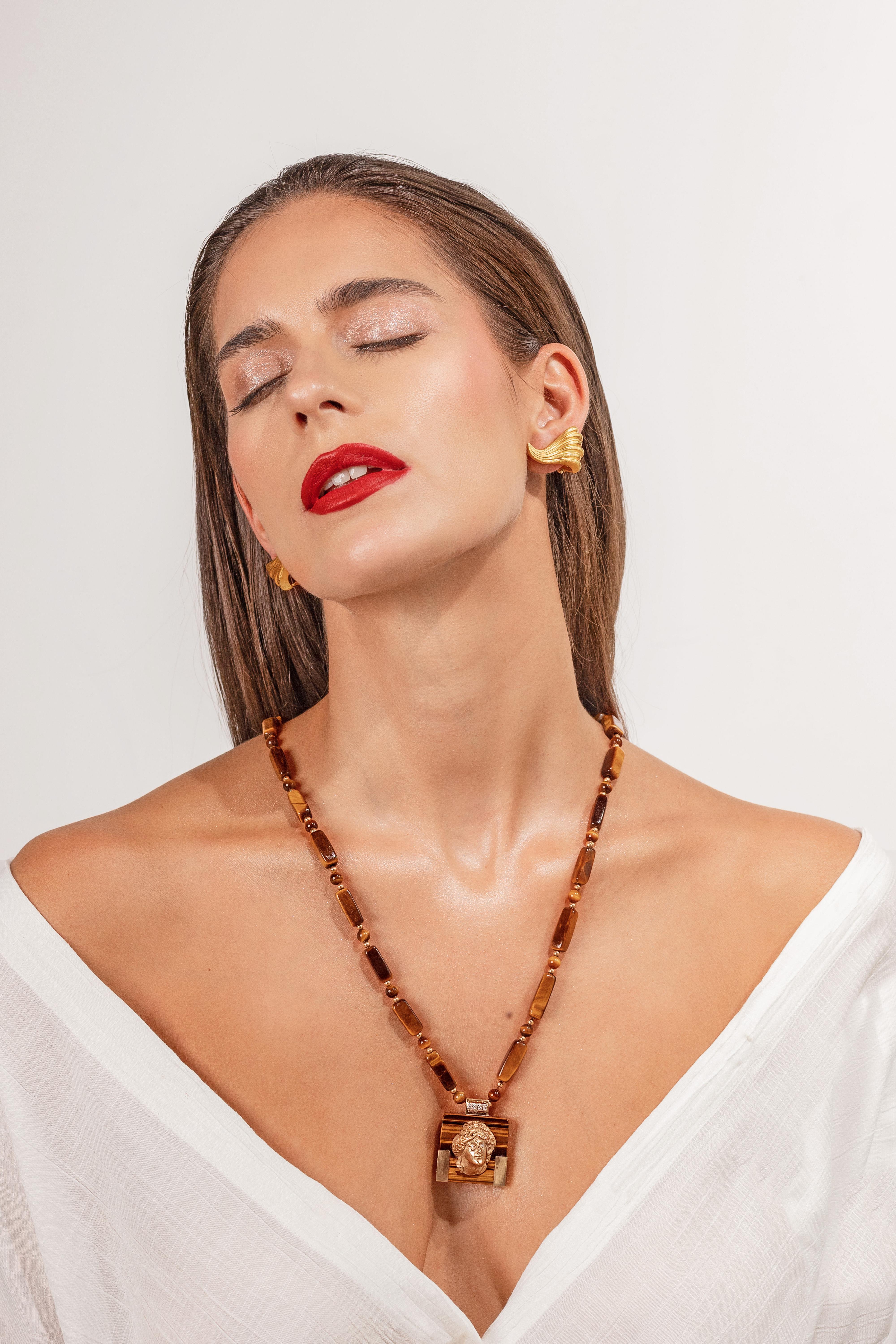 Contemporary Tiger Eye Necklace With Articulated 14ct Gold Portrait Pendant For Sale