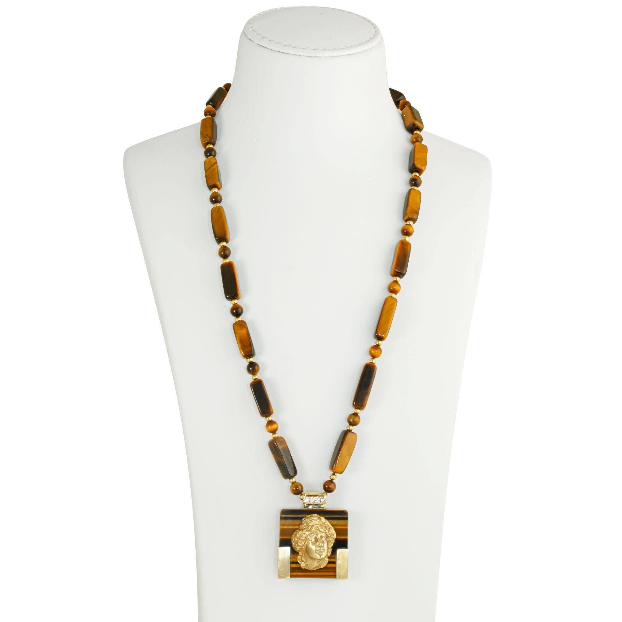 Women's or Men's Tiger Eye Necklace With Articulated 14ct Gold Portrait Pendant For Sale