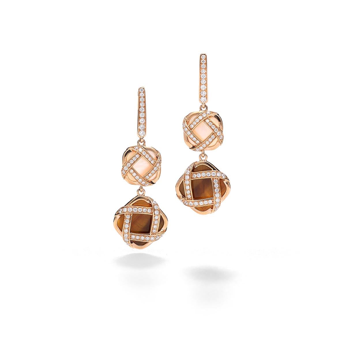 Earrings in 18kt pink gold set with 112 diamonds 0.82 cts and 2 tiger eye 4.02 cts and 2 mother of pearl 2.17 cts             