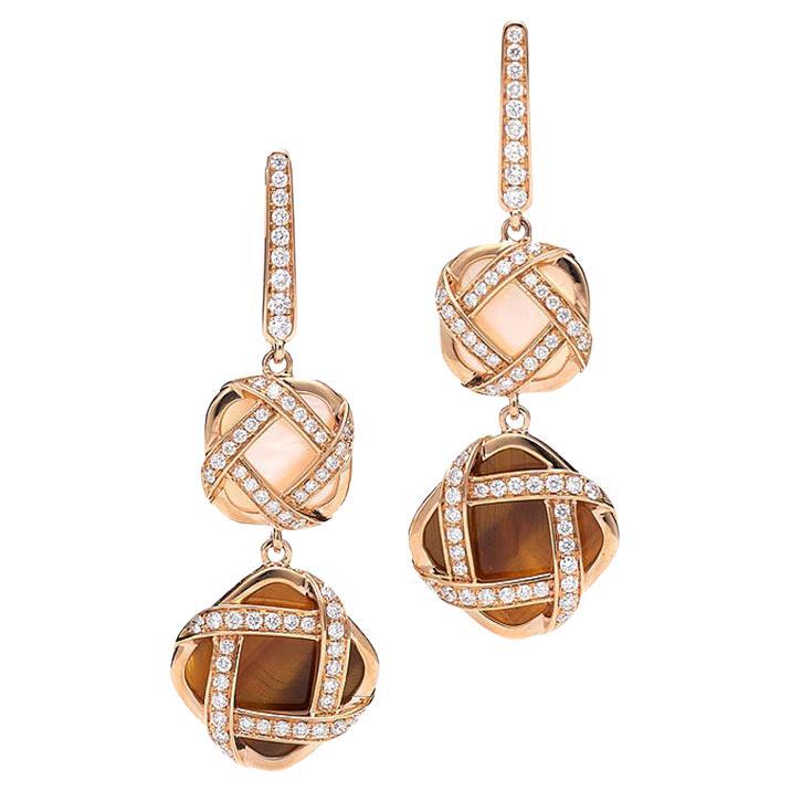 Tiger Eye and Mother of Pearl Pendant Diamond Earrings For Sale