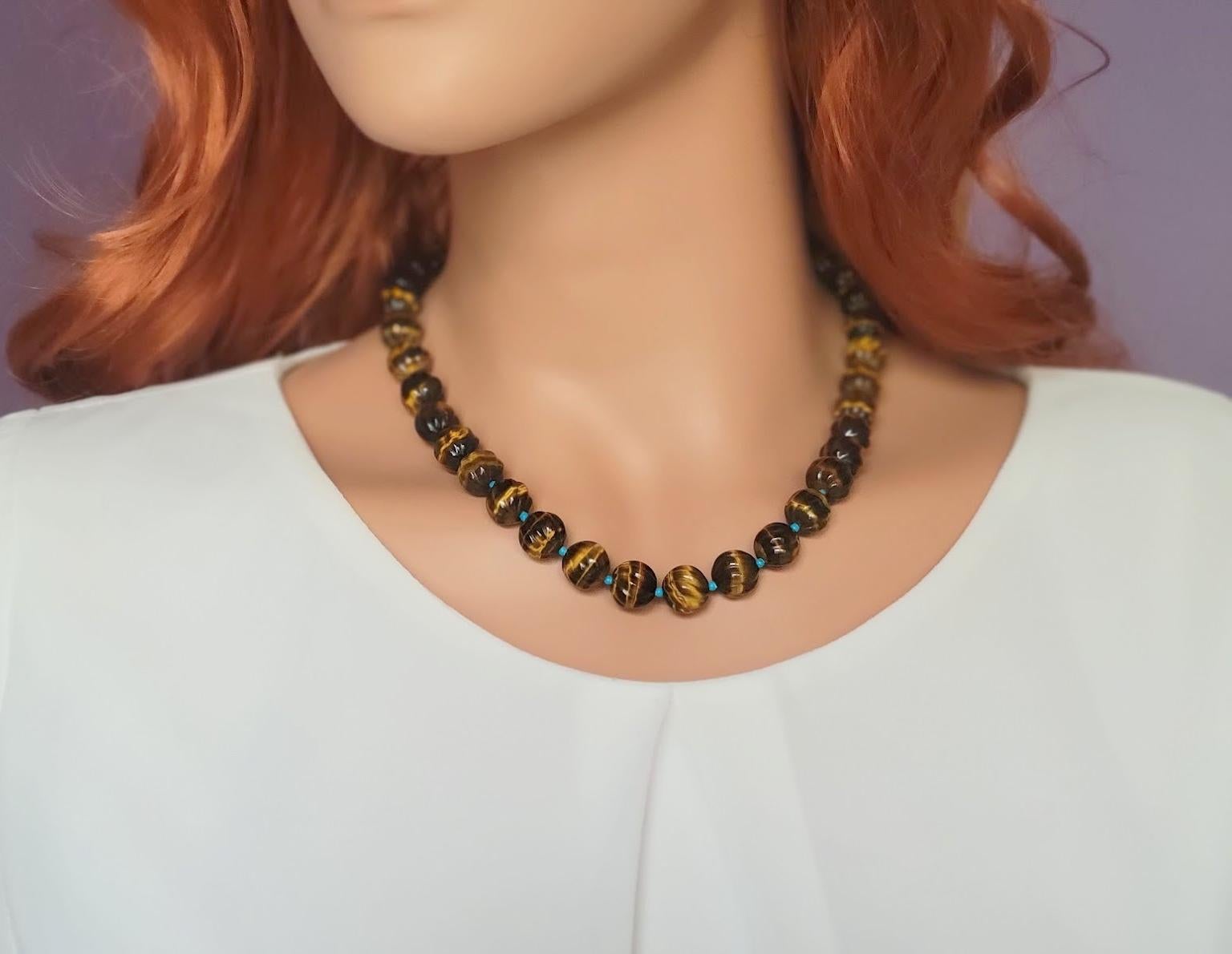 Art Deco Tiger Eye and Turquoise Necklace For Sale
