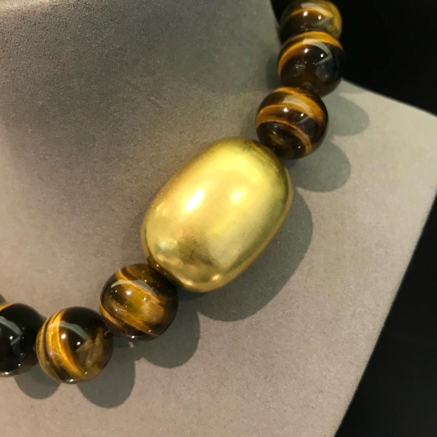 Bead Tiger Eye bead necklace with domed rough polished clasp For Sale