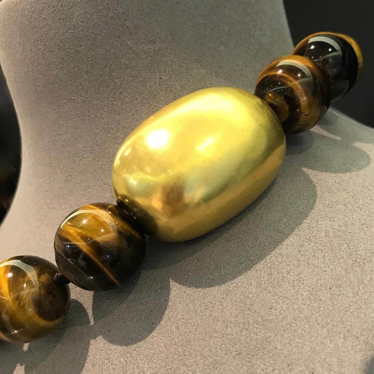 Women's Tiger Eye bead necklace with domed rough polished clasp For Sale
