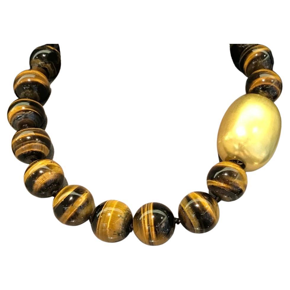 Tiger Eye bead necklace with domed rough polished clasp For Sale