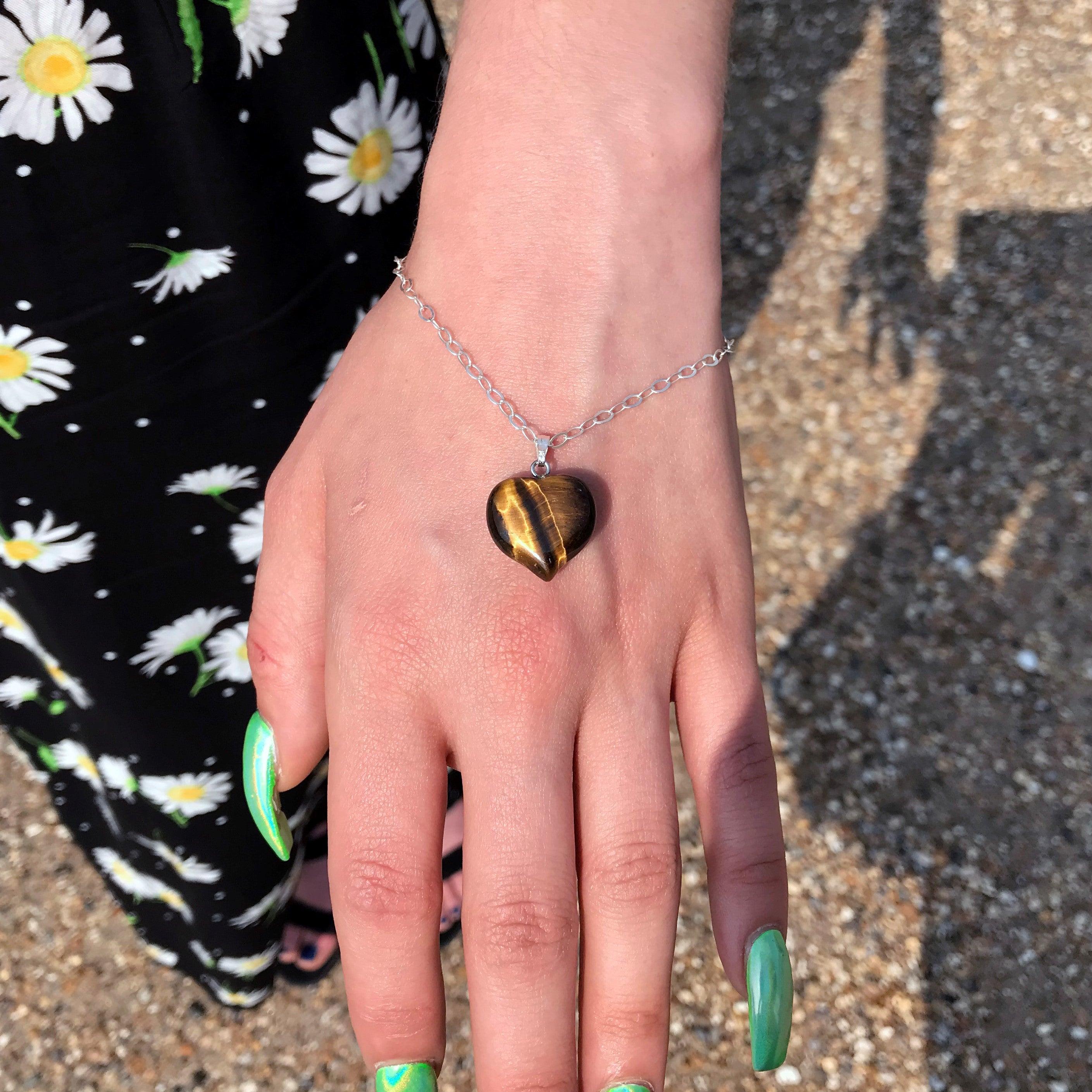 Women's Tiger Eye Bracelet, Sterling Silver Heart Bracelet by nlanlaVictory For Sale