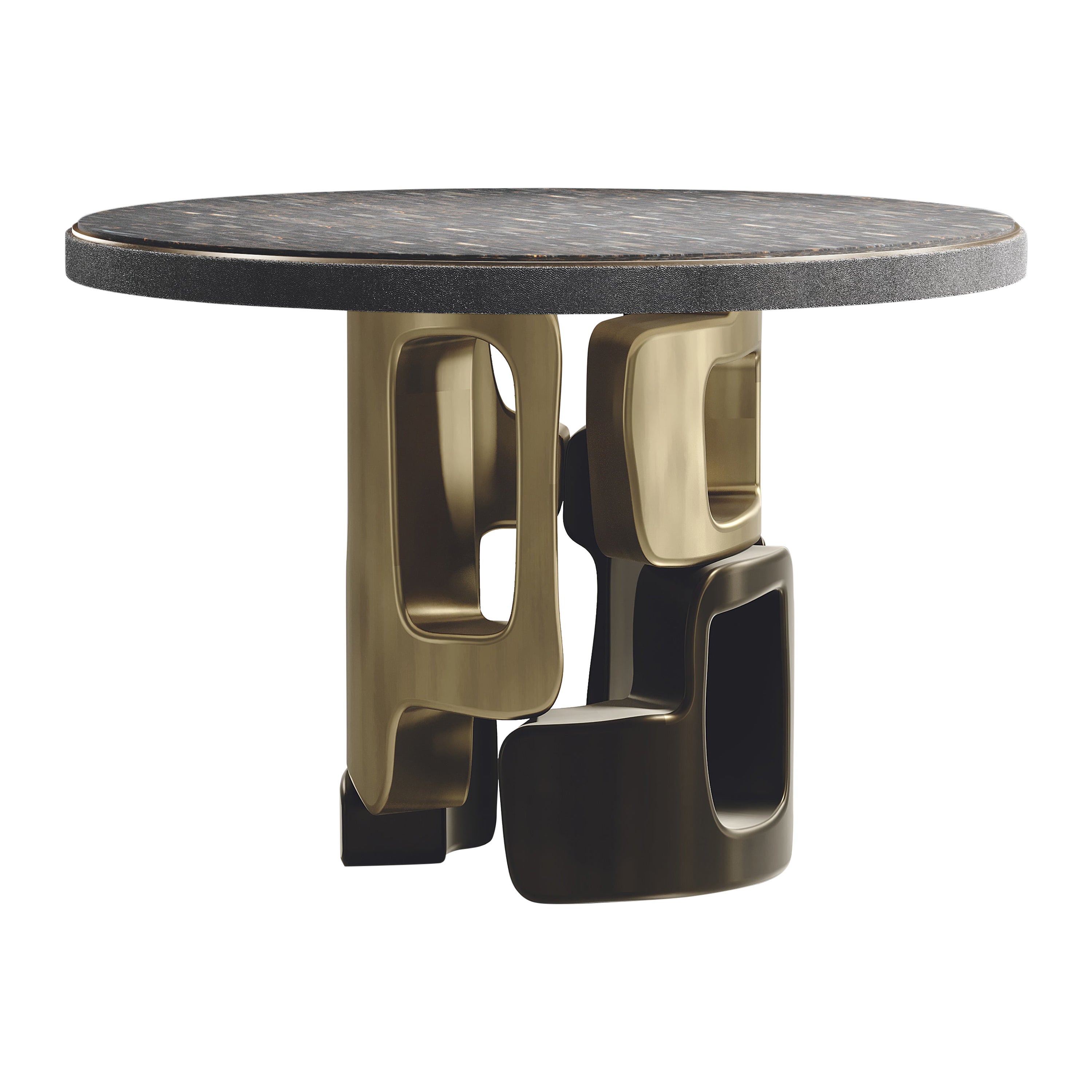 Table de petit déjeuner œil de tigre avec détails en laiton patiné en bronze de Kifu Paris
