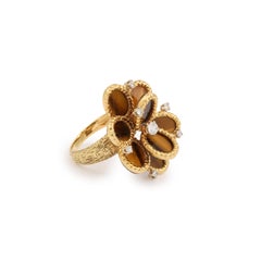 Tiger Eye Cabochon Diamond 18K Yellow Gold Flower Ring, Attributed to Fred Paris