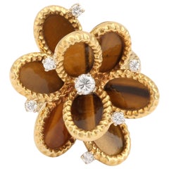 Tiger Eye Cabochon Diamond 18K Yellow Gold Flower Ring, Attributed to Fred Paris