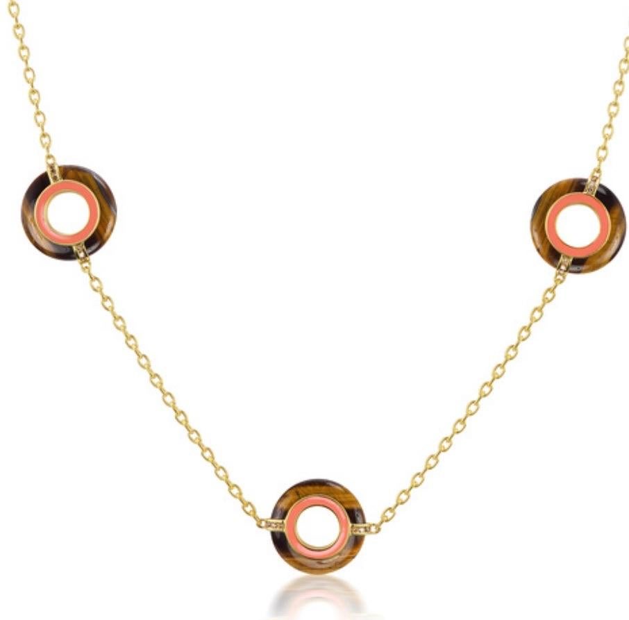 Contemporary Tiger-Eye Chalcedony, Champagne Diamond and Coral Enamel Yellow Gold Necklace For Sale