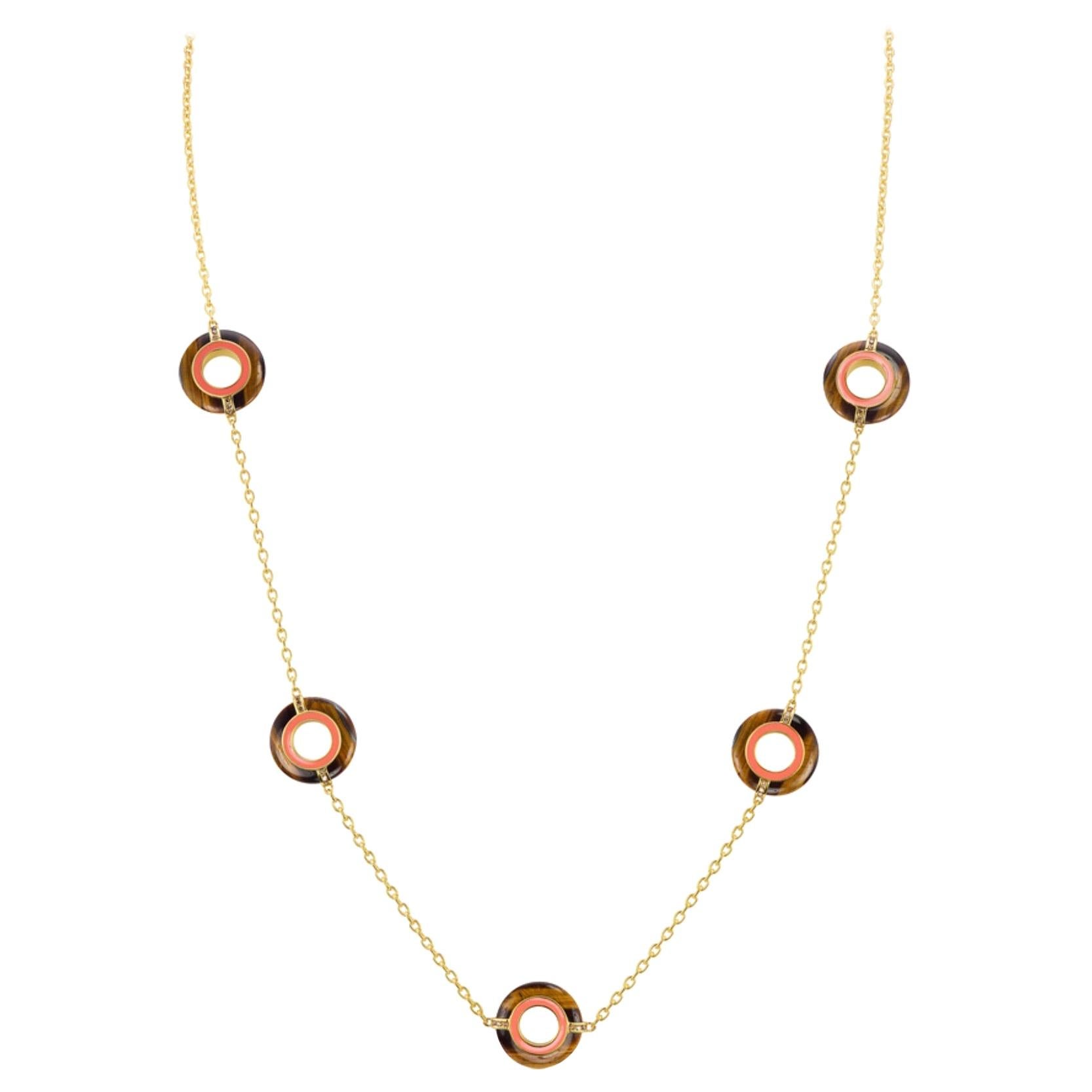 Tiger-Eye Chalcedony, Champagne Diamond and Coral Enamel Yellow Gold Necklace For Sale