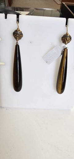 Tiger Eye Dangle Earrings With Pave Diamonds In 14k Gold & Silver