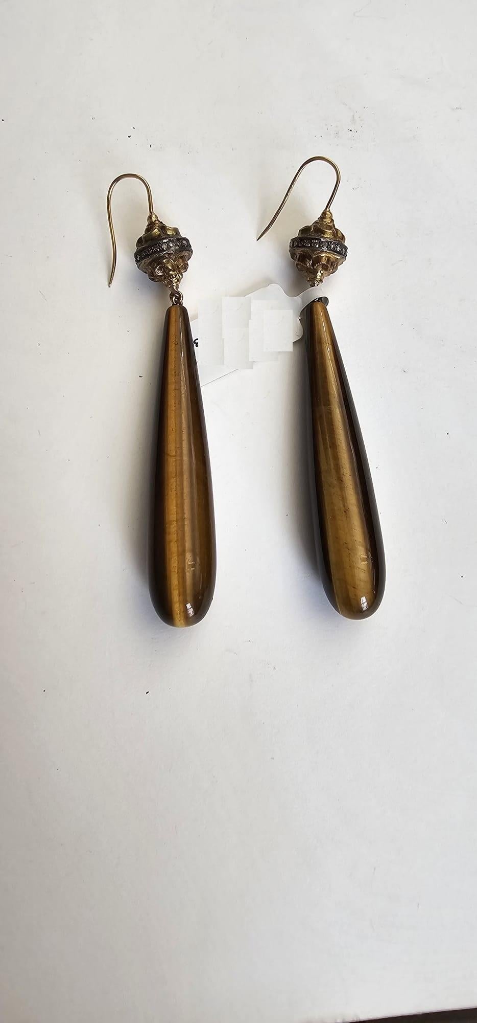 Artisan Tiger Eye Dangle Earrings With Pave Diamonds In 14k Gold & Silver For Sale