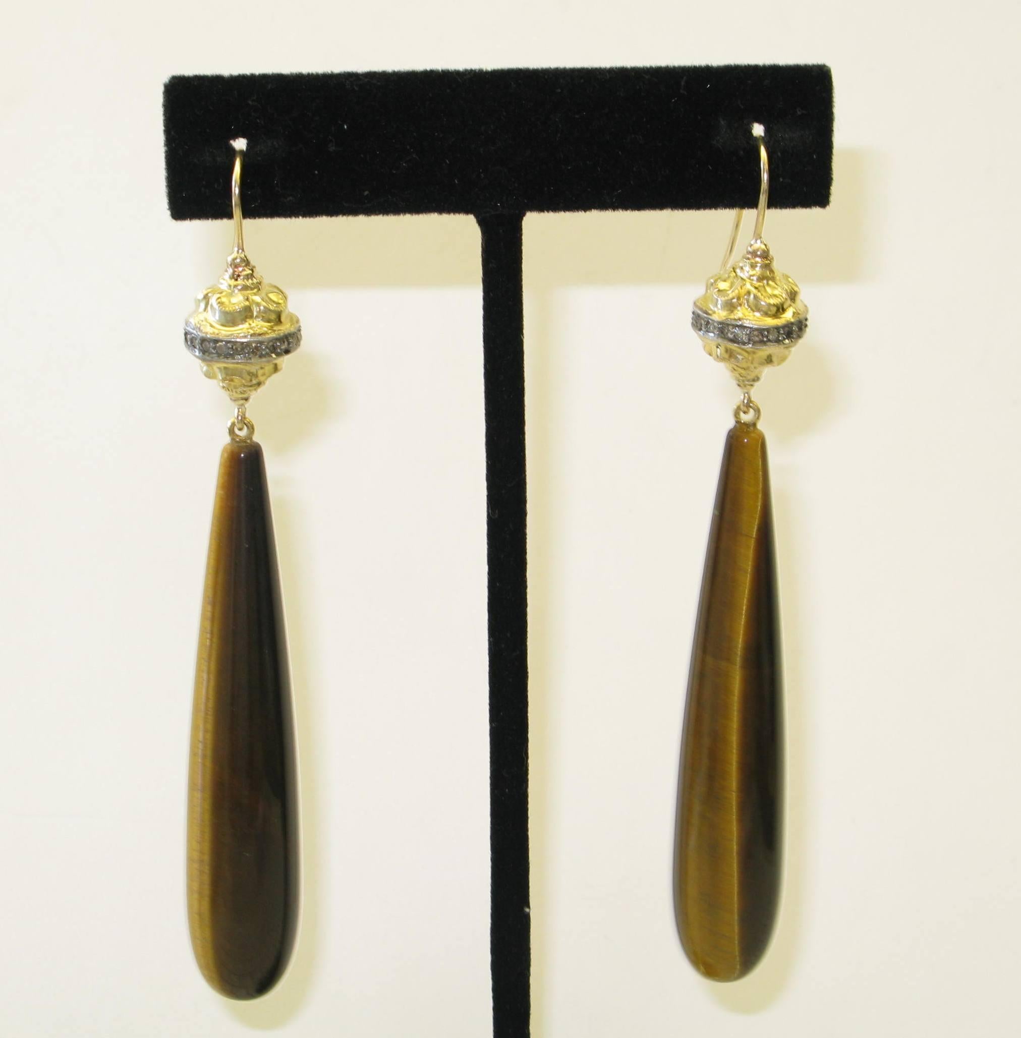 Mixed Cut Tiger Eye Dangle Earrings With Pave Diamonds In 14k Gold & Silver For Sale