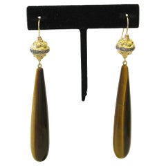 Tiger Eye Dangle Earrings With Pave Diamonds In 14k Gold & Silver