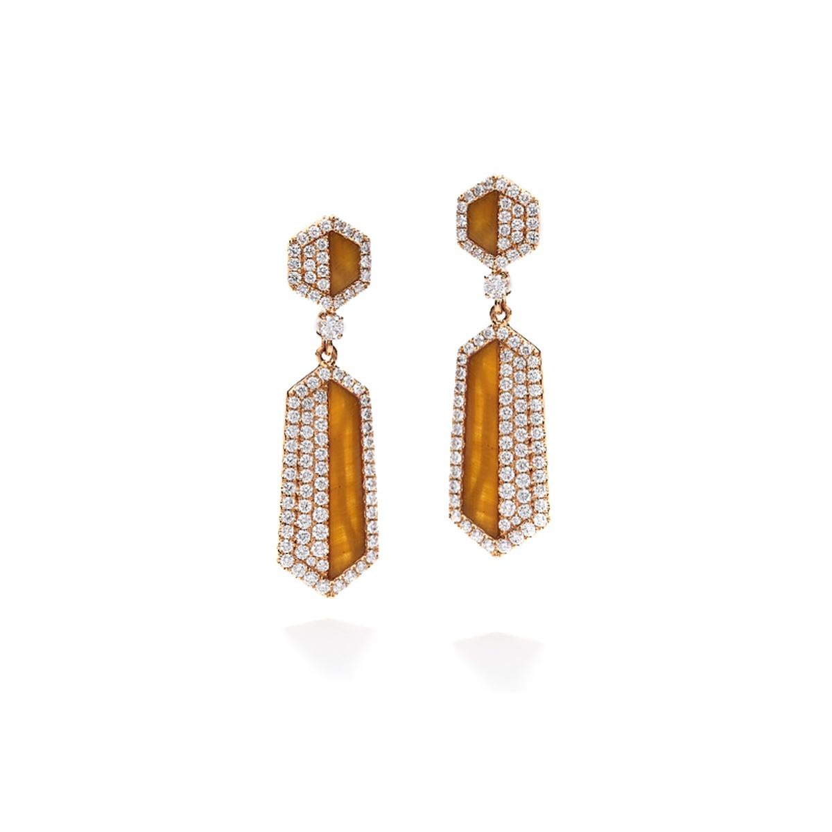 Earrings in 18kt pink gold set with 172 diamonds 1.66 cts and 4 tiger eye 2.79 cts