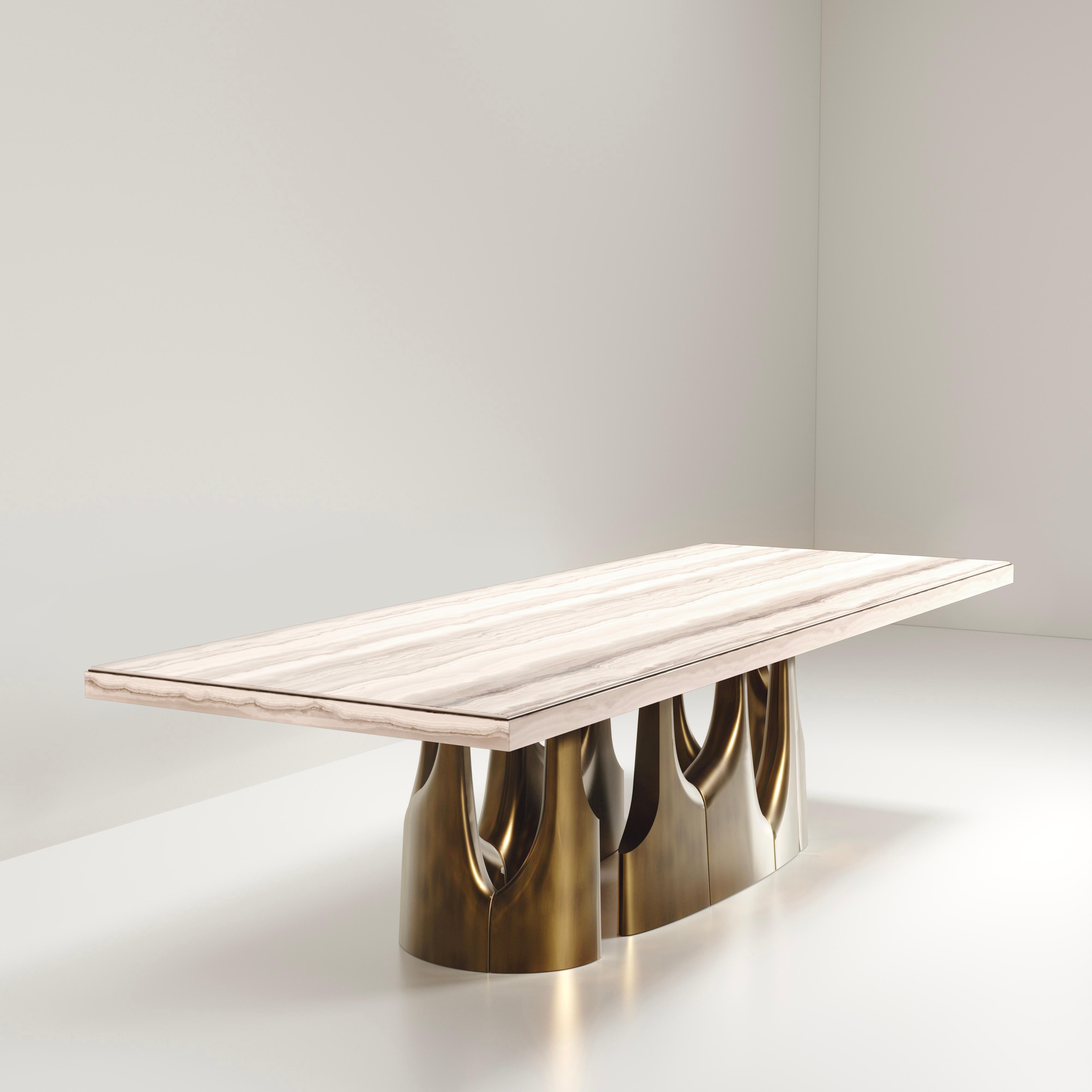Hand-Crafted Tiger Eye Dining Table with Bronze-Patina Brass Accents by R&Y Augousti For Sale