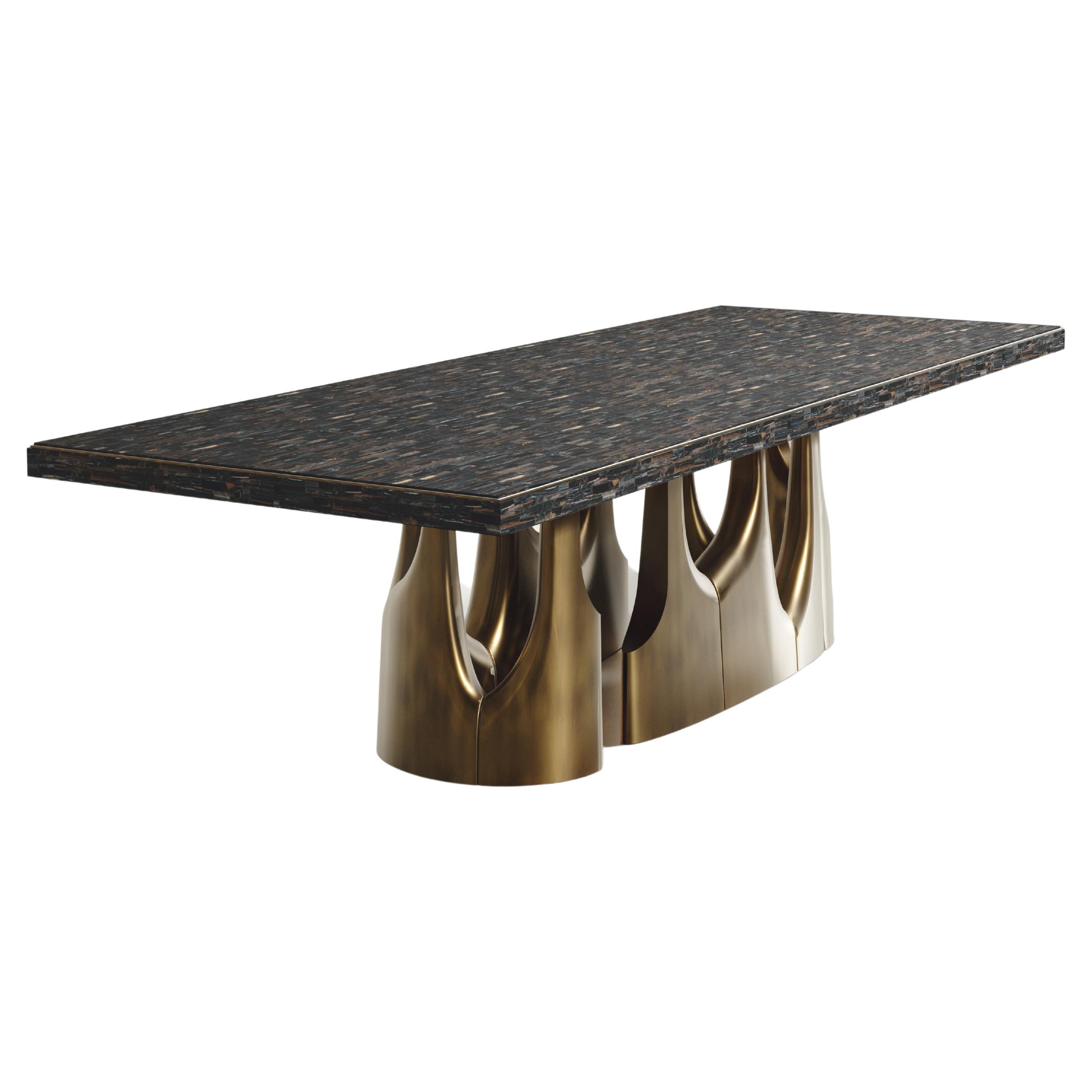 Table de salle à manger œil de tigre avec accents en bronze-patina et laiton de R&Y Augousti en vente