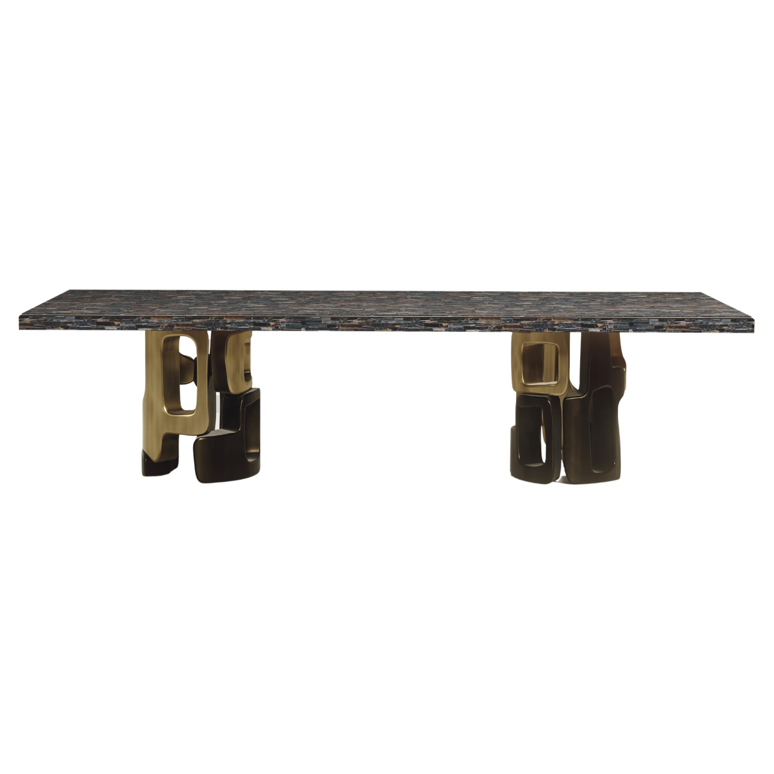 Tiger Eye Dining Table with Bronze Patina Brass Details by Kifu Paris For Sale