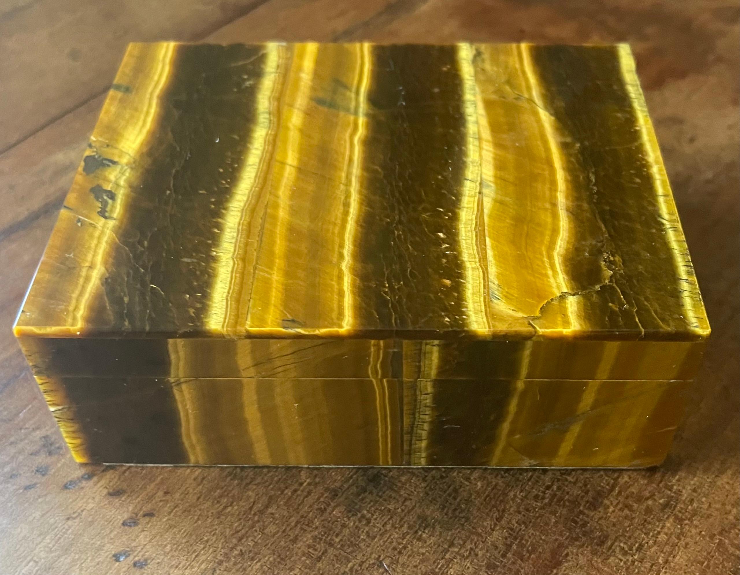 Italian Tiger Eye Lidded Semi Precious Stone Box For Sale