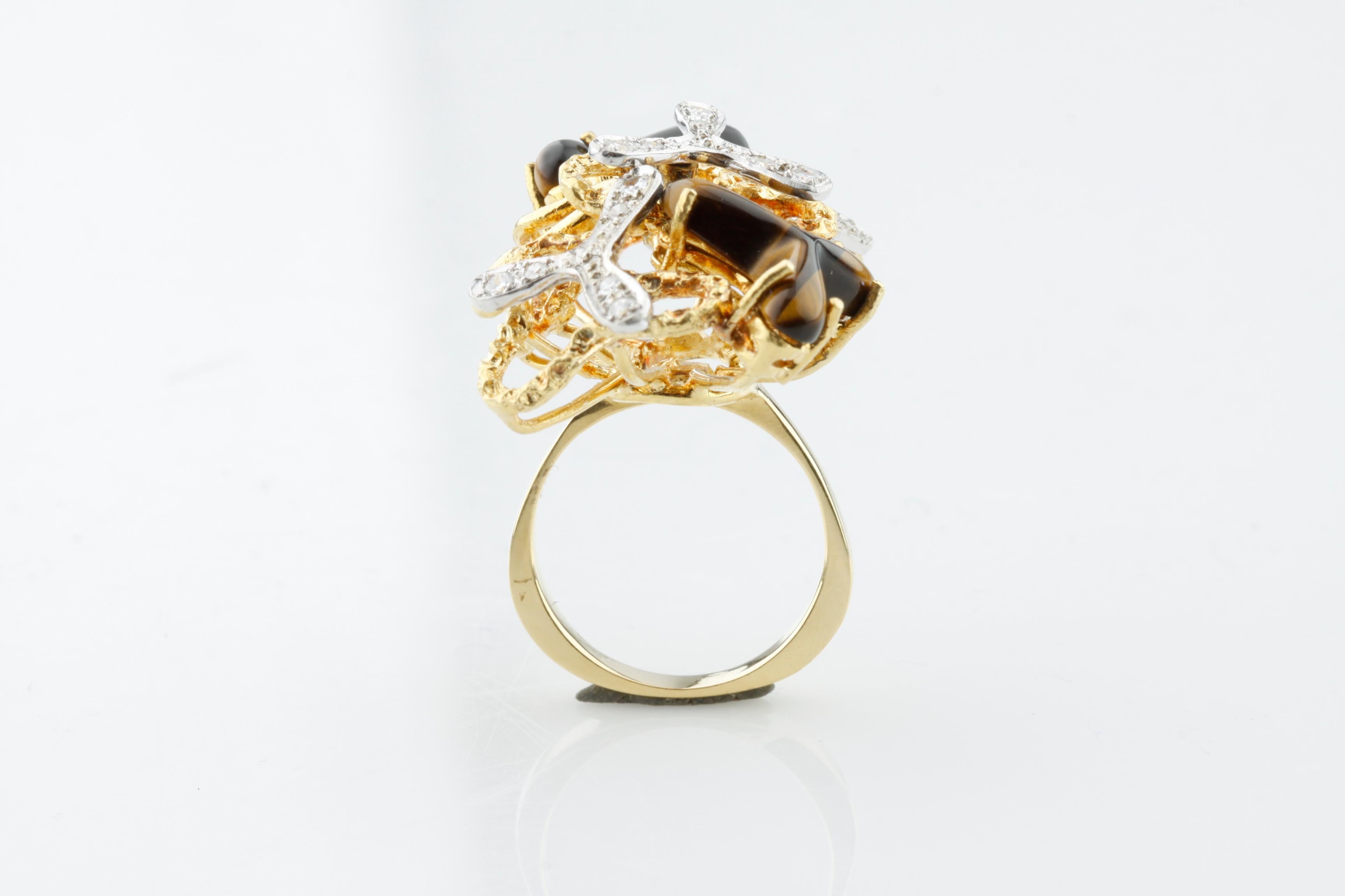 Round Cut Tiger Eye Quartz and Diamond Freeform Design 18 Karat Two-Tone Gold Cluster Ring For Sale