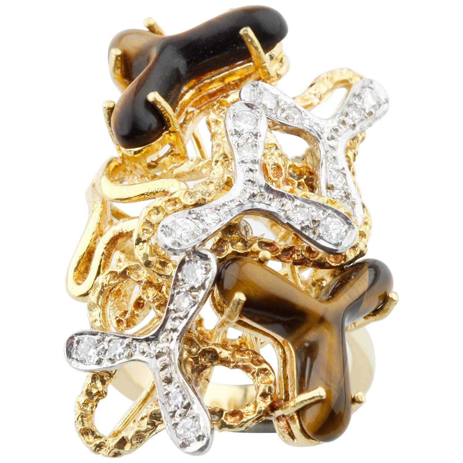 Tiger Eye Quartz and Diamond Freeform Design 18 Karat Two-Tone Gold Cluster Ring For Sale