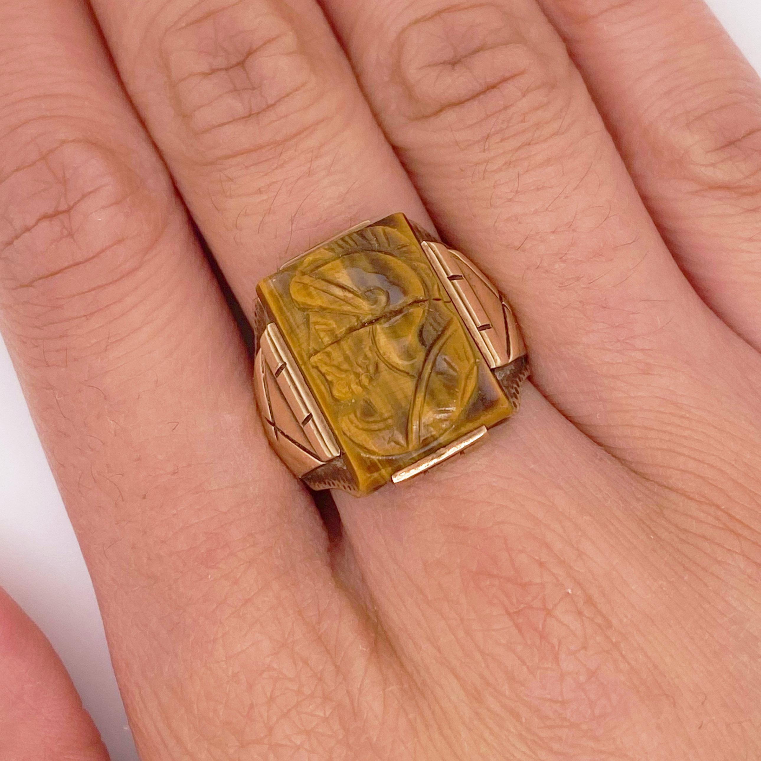 Tiger Eye Ring 1955 Cameo Design Yellow Gold, Warrior Profile, Rectangular Stone In New Condition For Sale In Austin, TX