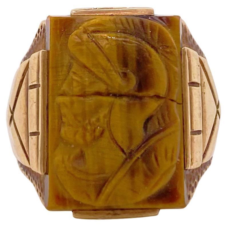 Tiger Eye Ring 1955 Cameo Design Yellow Gold, Warrior Profile, Rectangular Stone For Sale
