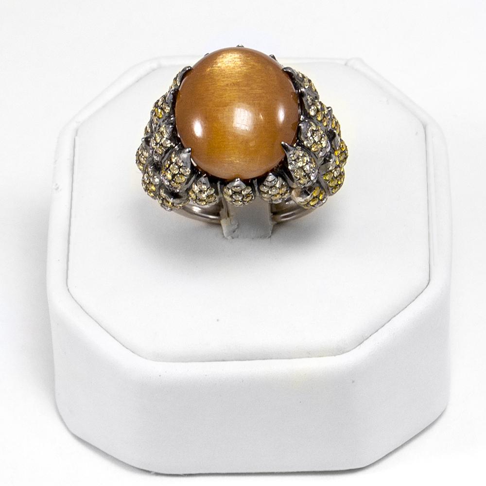 Contemporary Tiger Eye Ring Natural Stone with Fancy Colored Diamonds in 18 Carat White Gold For Sale