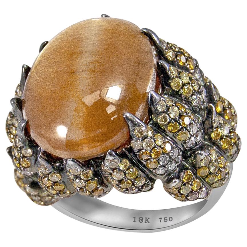Tiger Eye Ring Natural Stone with Fancy Colored Diamonds in 18 Carat White Gold For Sale