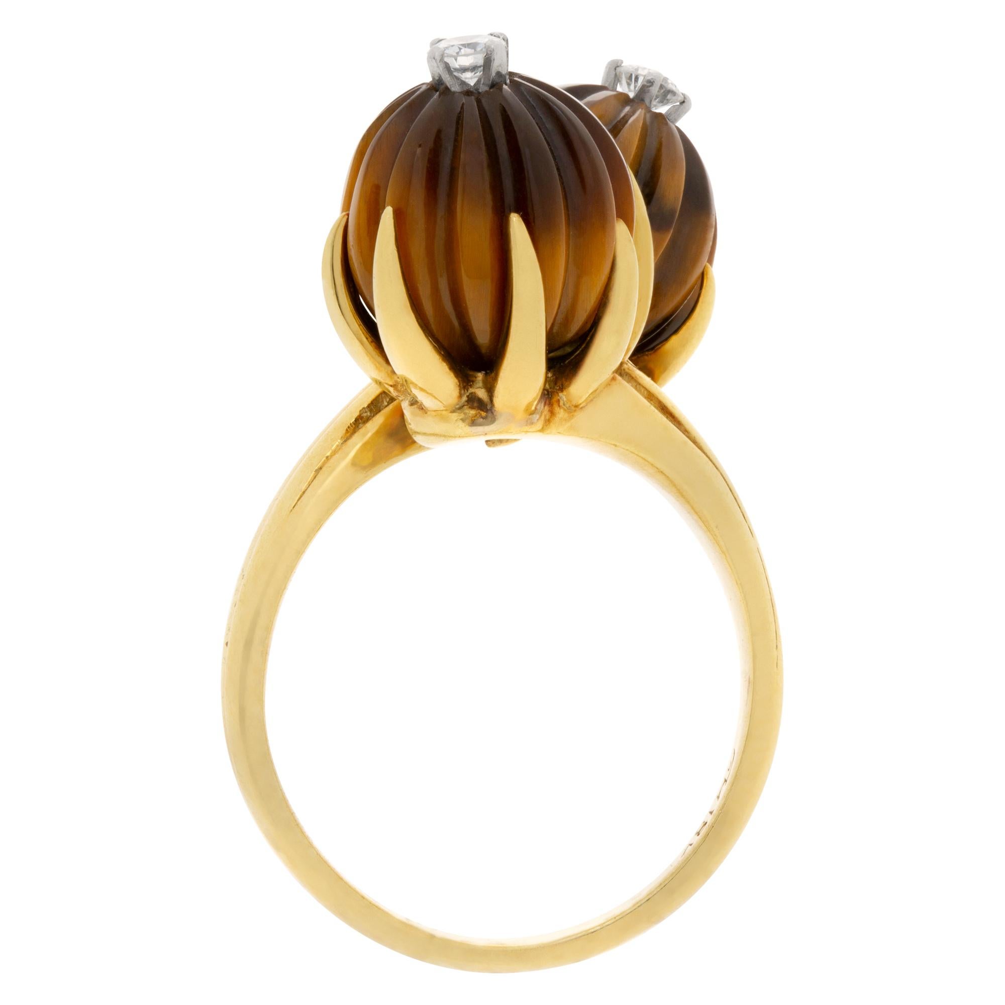 Tiger Eye Ring with Diamond Center in 18k Yellow Gold For Sale 1