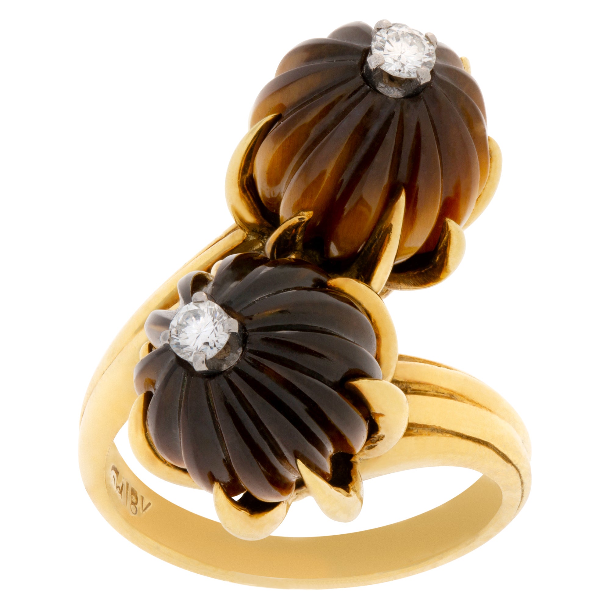 Tiger Eye Ring with Diamond Center in 18k Yellow Gold For Sale