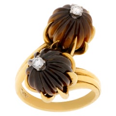 Vintage Tiger Eye Ring with Diamond Center in 18k Yellow Gold