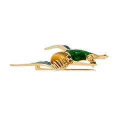Tiger Eye Ruby Enamel 18k Yellow Gold Hummingbird Brooch