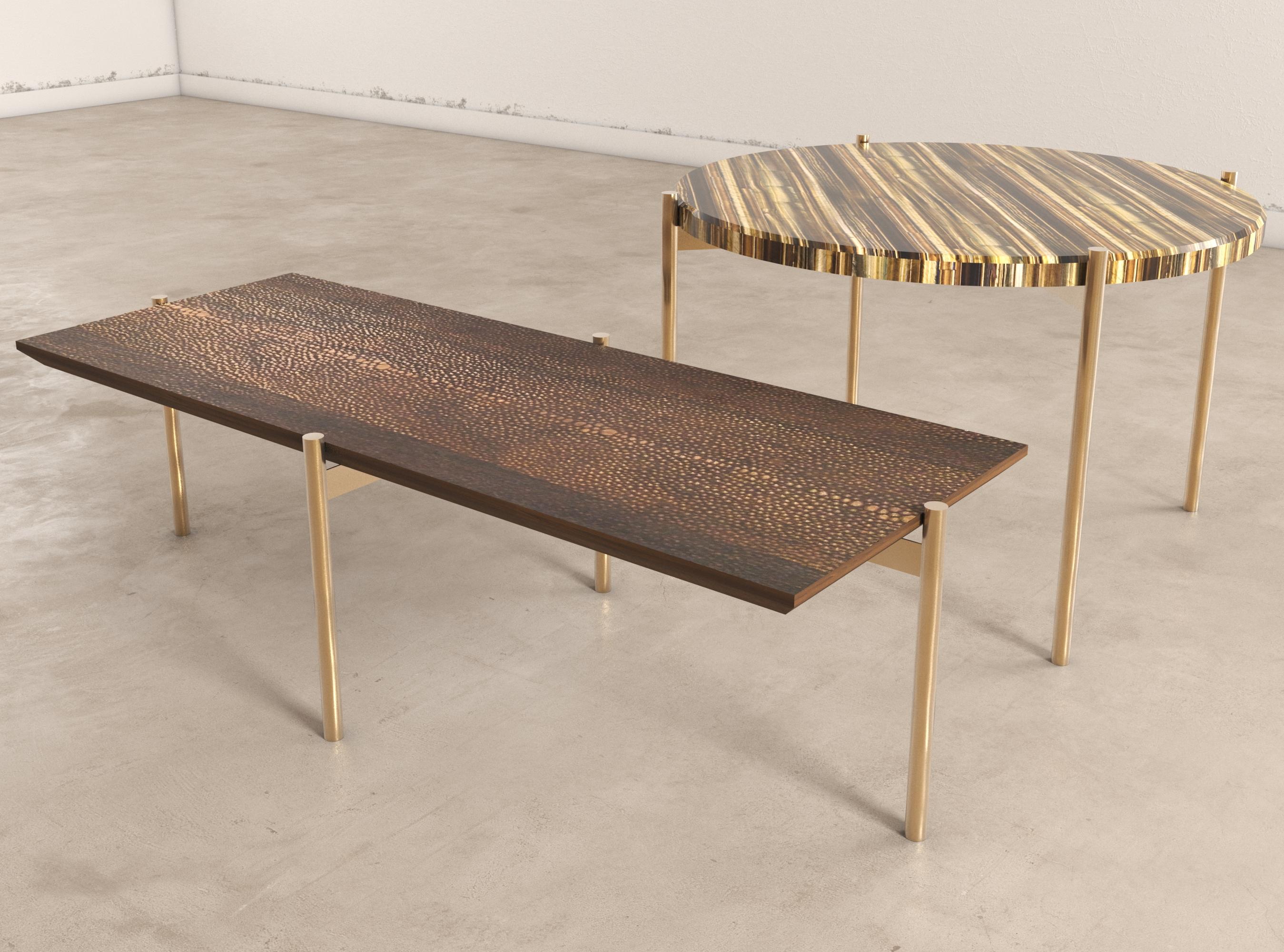 Tiger Eye´s Precious Stone and Wood Tom & Tom Table Handsculpted by ELEMENT&CO
Dimensions: 105 x 40 x 36 cm wood table
 70 Ø x 46 cm Tiger eye table
Materials: African exotic wood, Tiger Eye's precious stone 

Round table with tiger eye