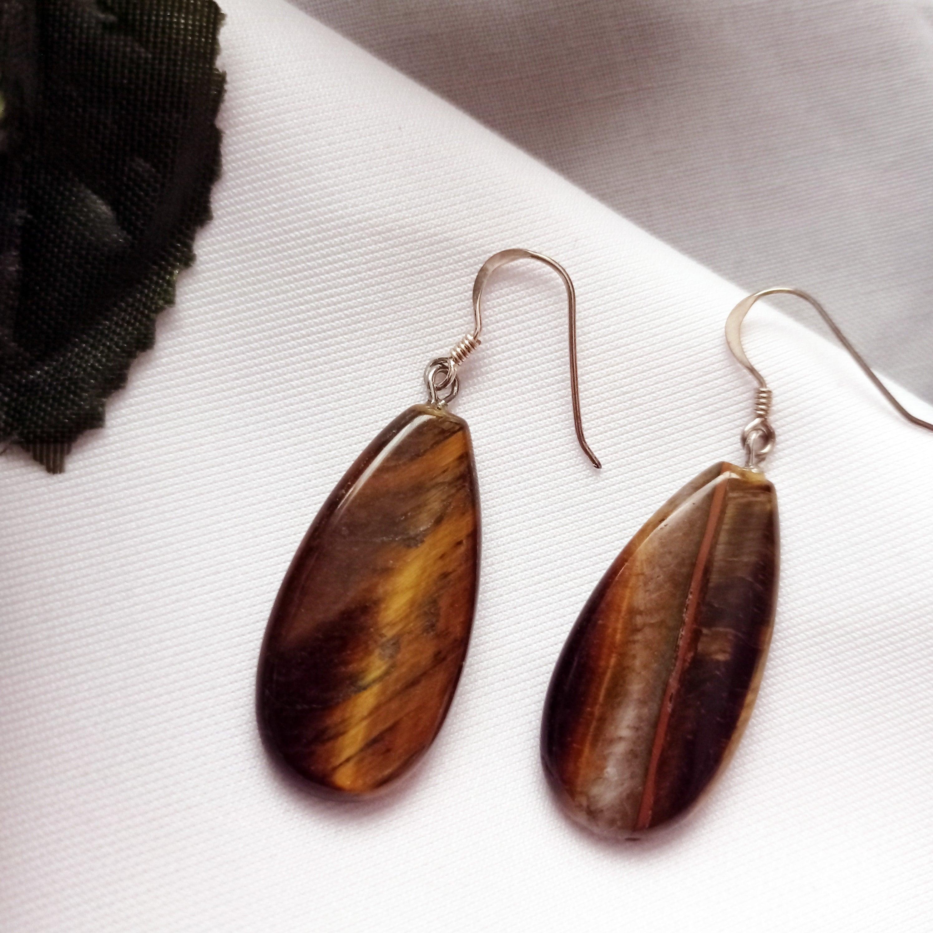 Tiger Eye Sterling Silver Earrings, Tiger Eye Teardrops, Tiger Eye Drop Earrings For Sale 1