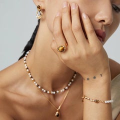 Tiger Eye Stone with Freshwater Pearl Gold Bracelet