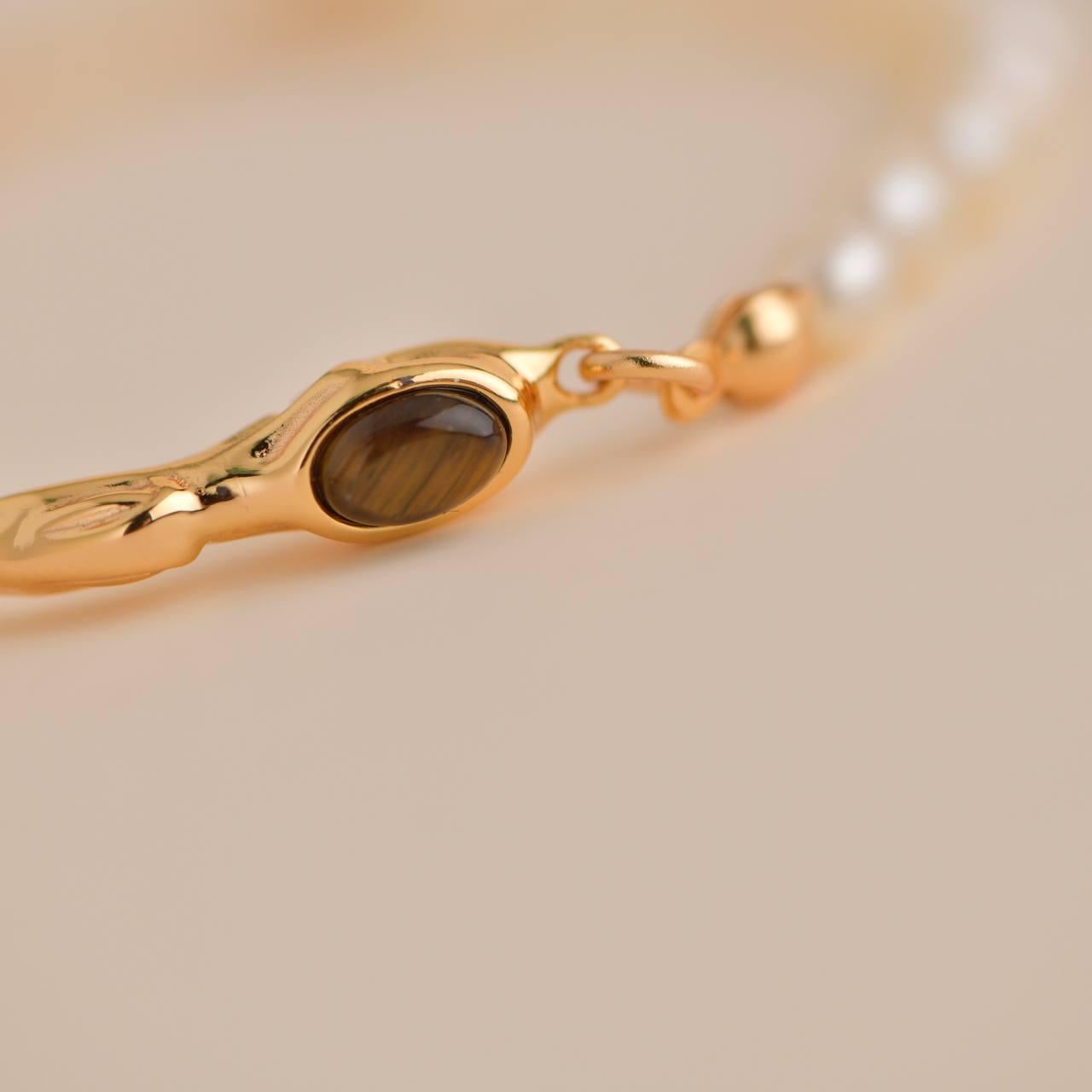 Bead Tiger Eye Stone with Freshwater Pearl Gold Bracelet For Sale