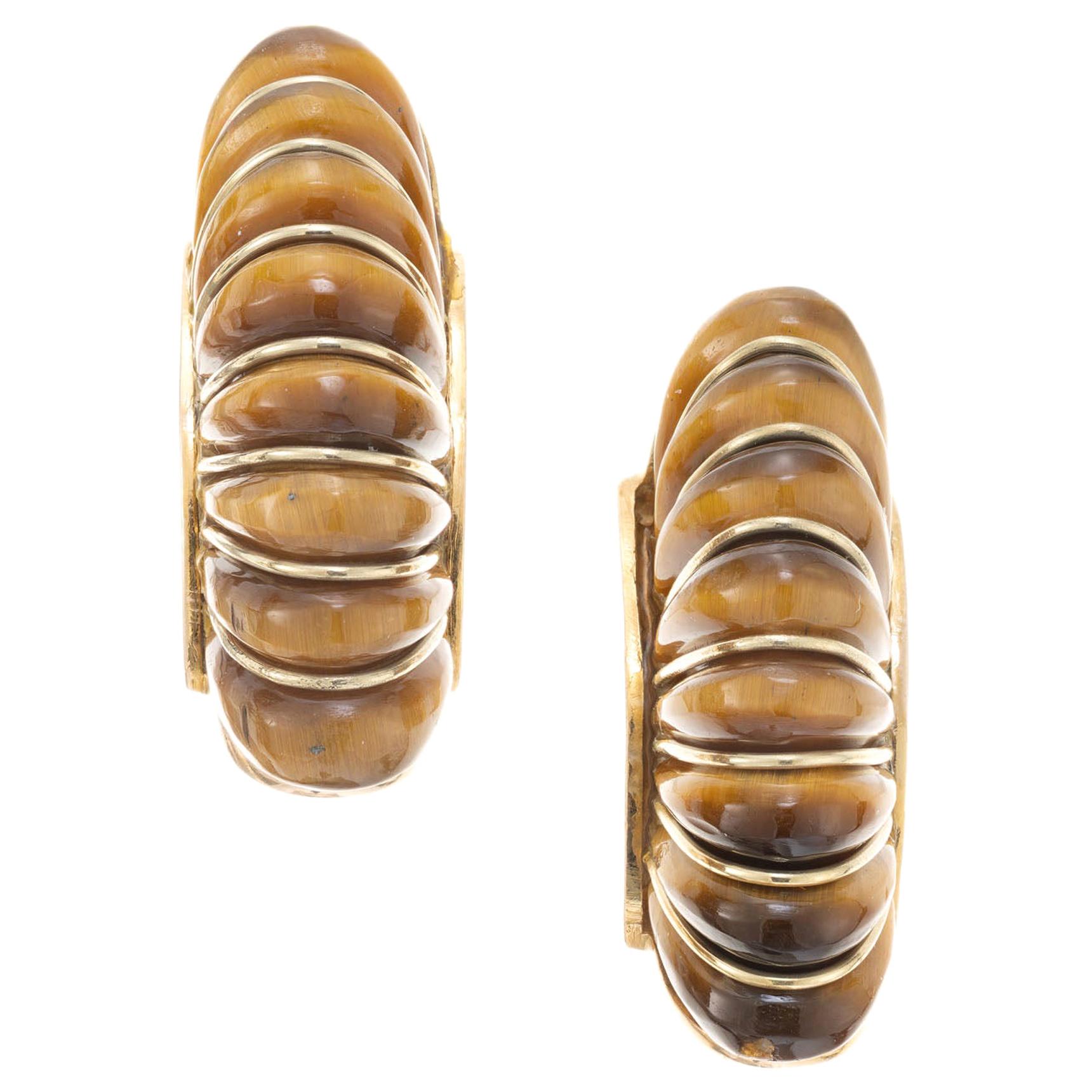 Tiger Eye Yellow Gold Shrimp Design Clip Post Earrings For Sale