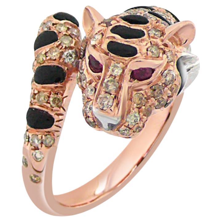 Bague panthère en or rose 18 carats, diamant fantaisie, onyx et rubis en vente