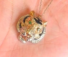 Tiger Fancy Diamond Onyx Ruby 18K Rose & White Gold Pendant Necklace