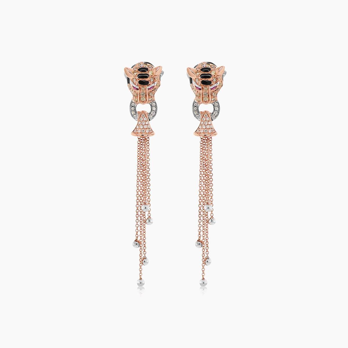 Tiger Fancy Diamond White Diamond Onyx & Ruby 18K Rose Gold Panther Earrings In New Condition For Sale In Oakton, VA