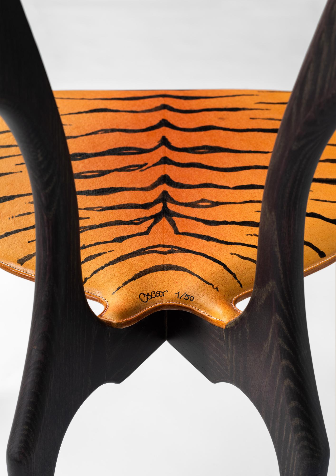 Spanish Hand Painted Tiger Gaulino Easy Armchair Ash Wood Limited Edition of 50 For Sale