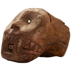 Tiger Head Carving with Glass Eyes from East Java, Teak, Mid-20th Century
