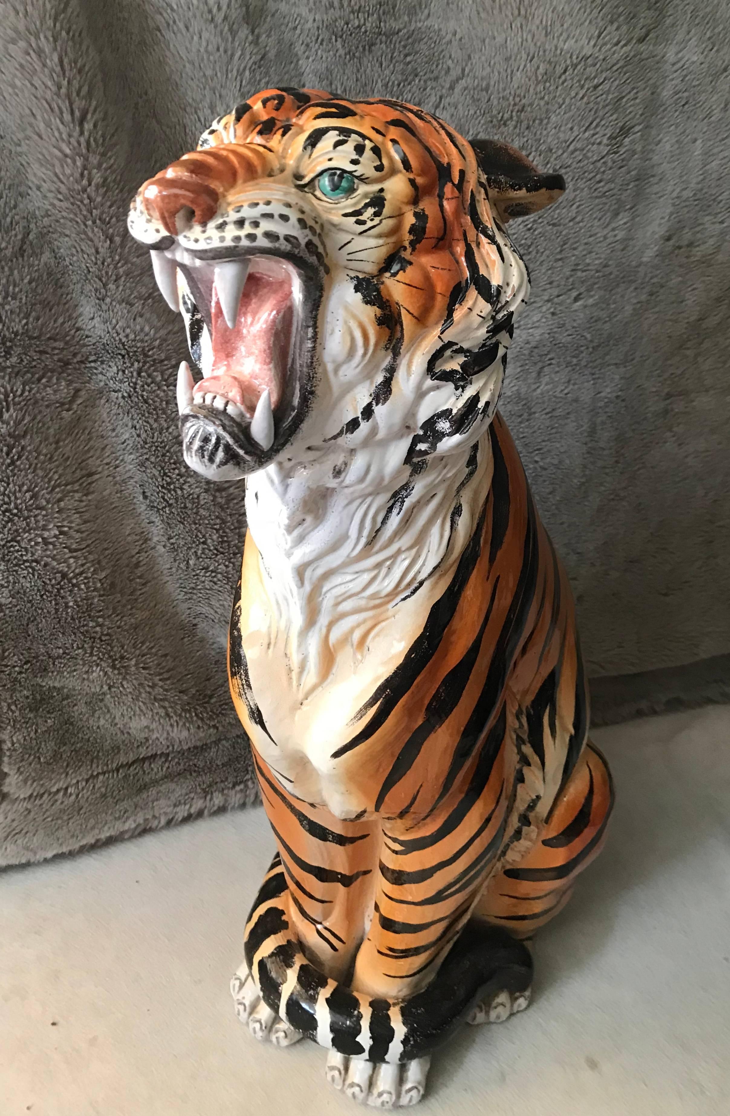 Colorful, cold painted tiger in terracotta from Italy, circa 1965.