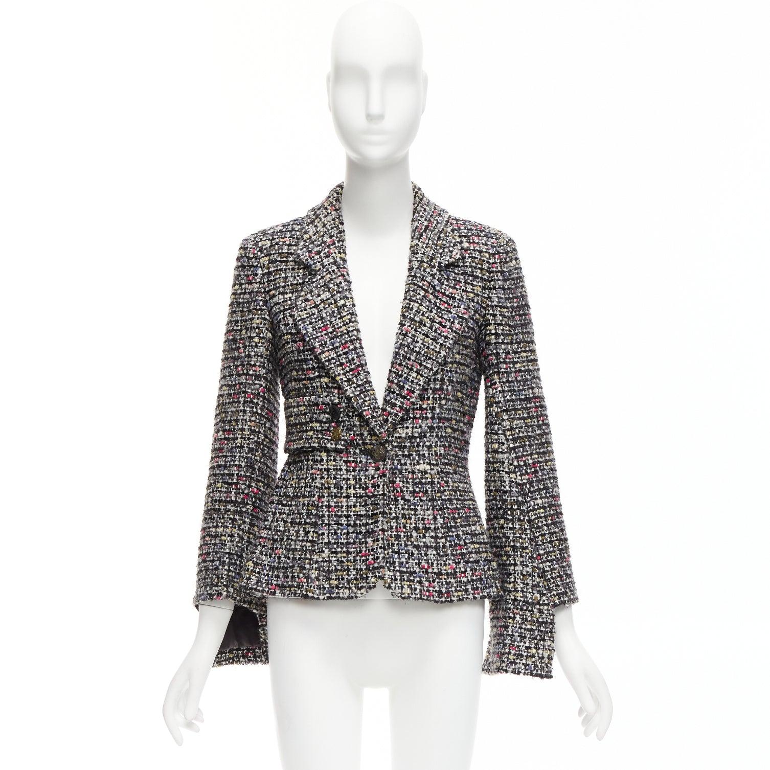 TIGER IN THE RAIN CHANEL Custom grey tweed CC reconstructed jacket FR36 S For Sale 6