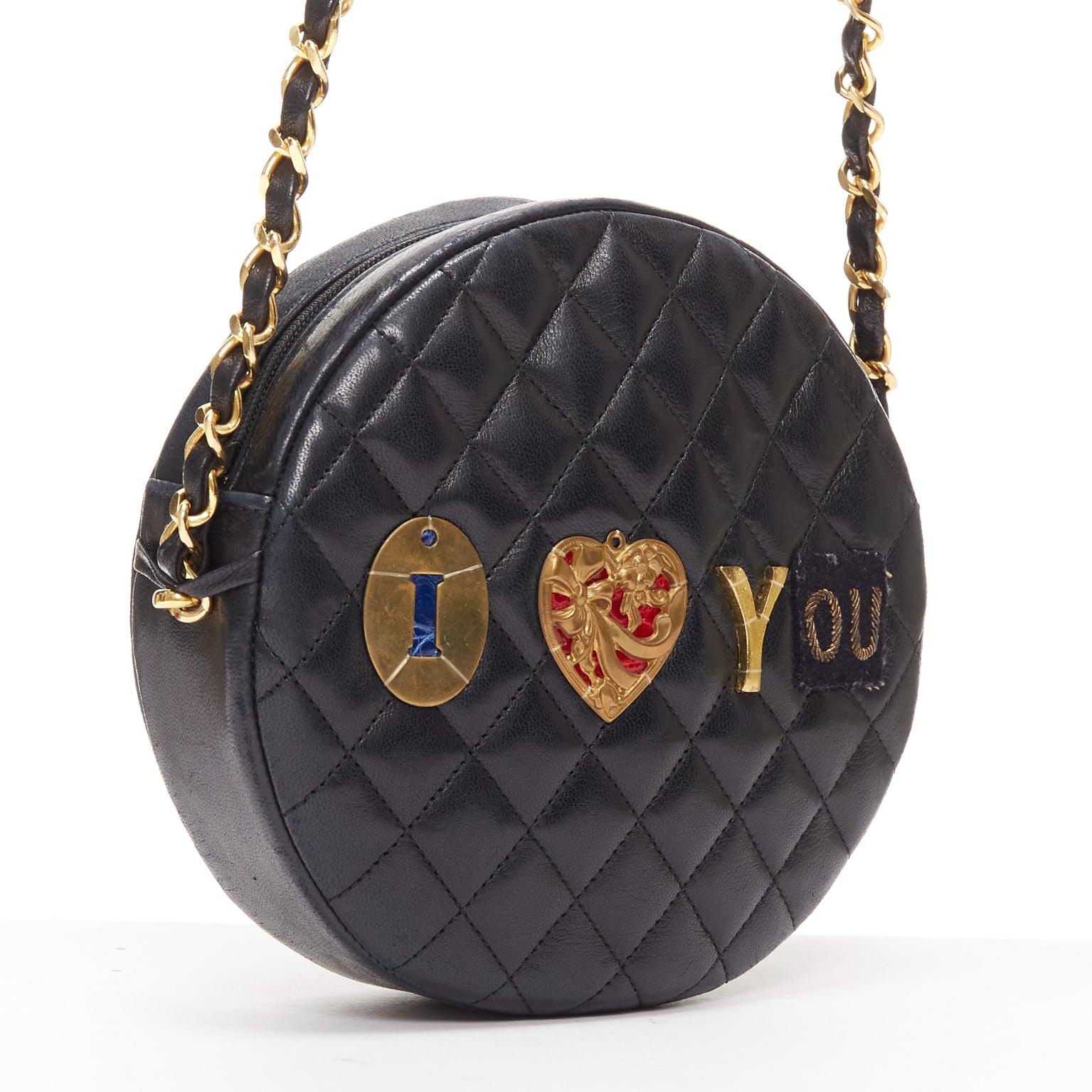 Black TIGER IN THE RAIN CHANEL Vintage I Love You applique round crossbody chain bag For Sale