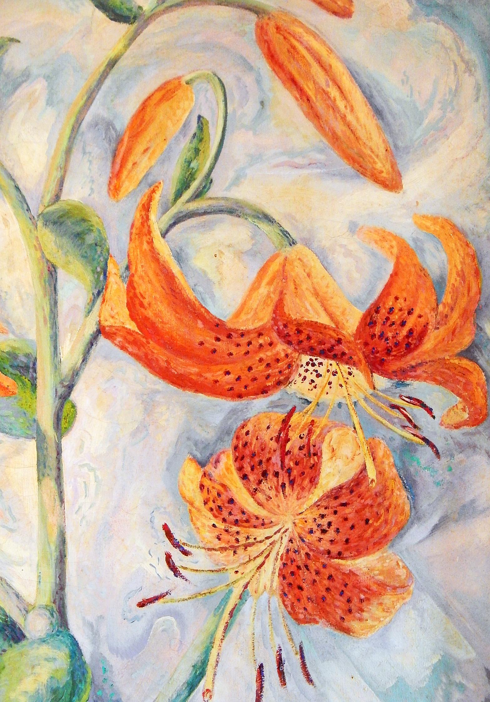 Dieses impressionistische Gemälde aus den 1930er Jahren zeigt Tigerlilien in leuchtenden Farben und ist ein Werk von Simon Maurice Wachtel, einem Maler aus Pennsylvania, dessen Werke selten sind. Er malte einige Leinwände für die Works Progress