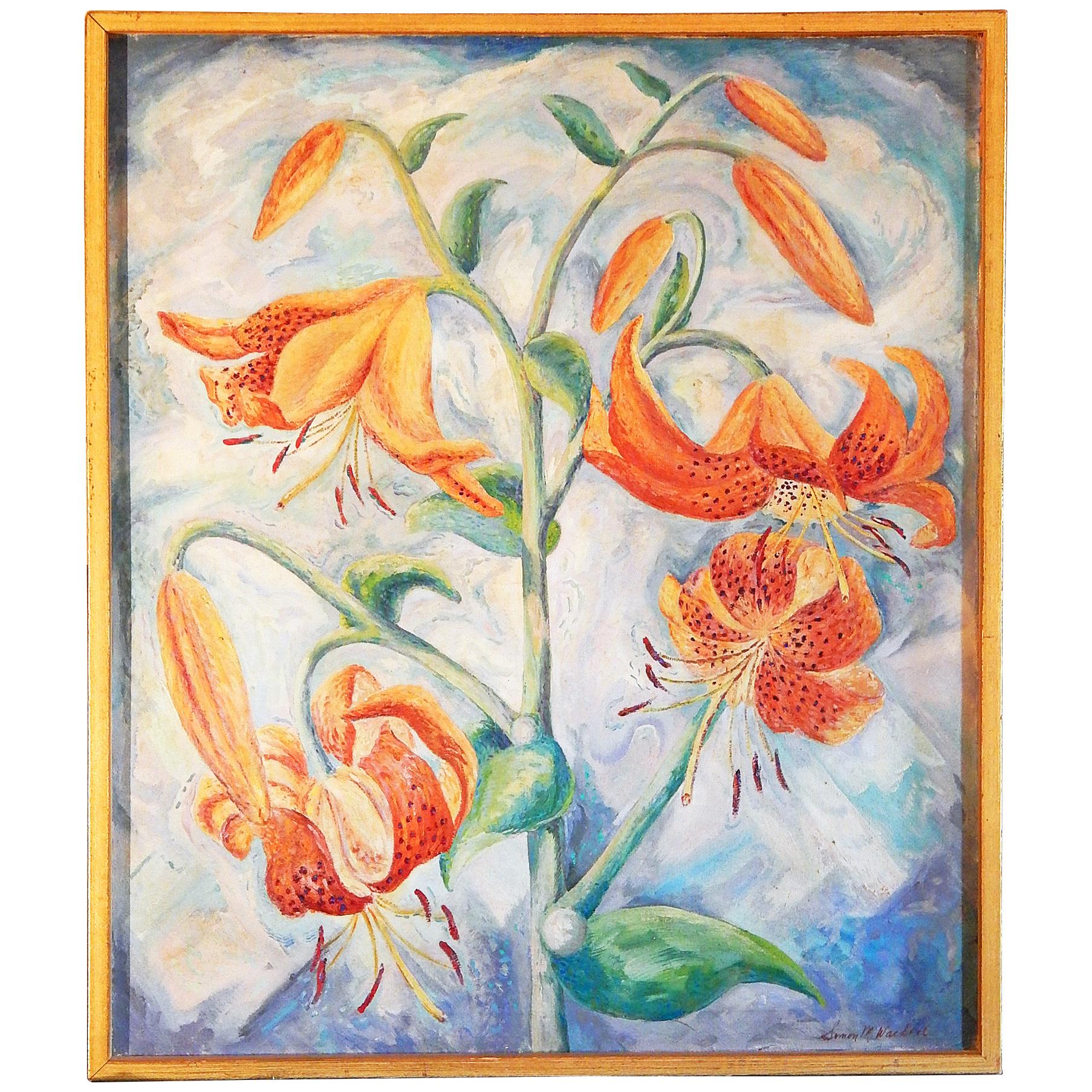 "Tiger Lilies, " Brilliant Still Life in Oranges and Blues by Wachtel