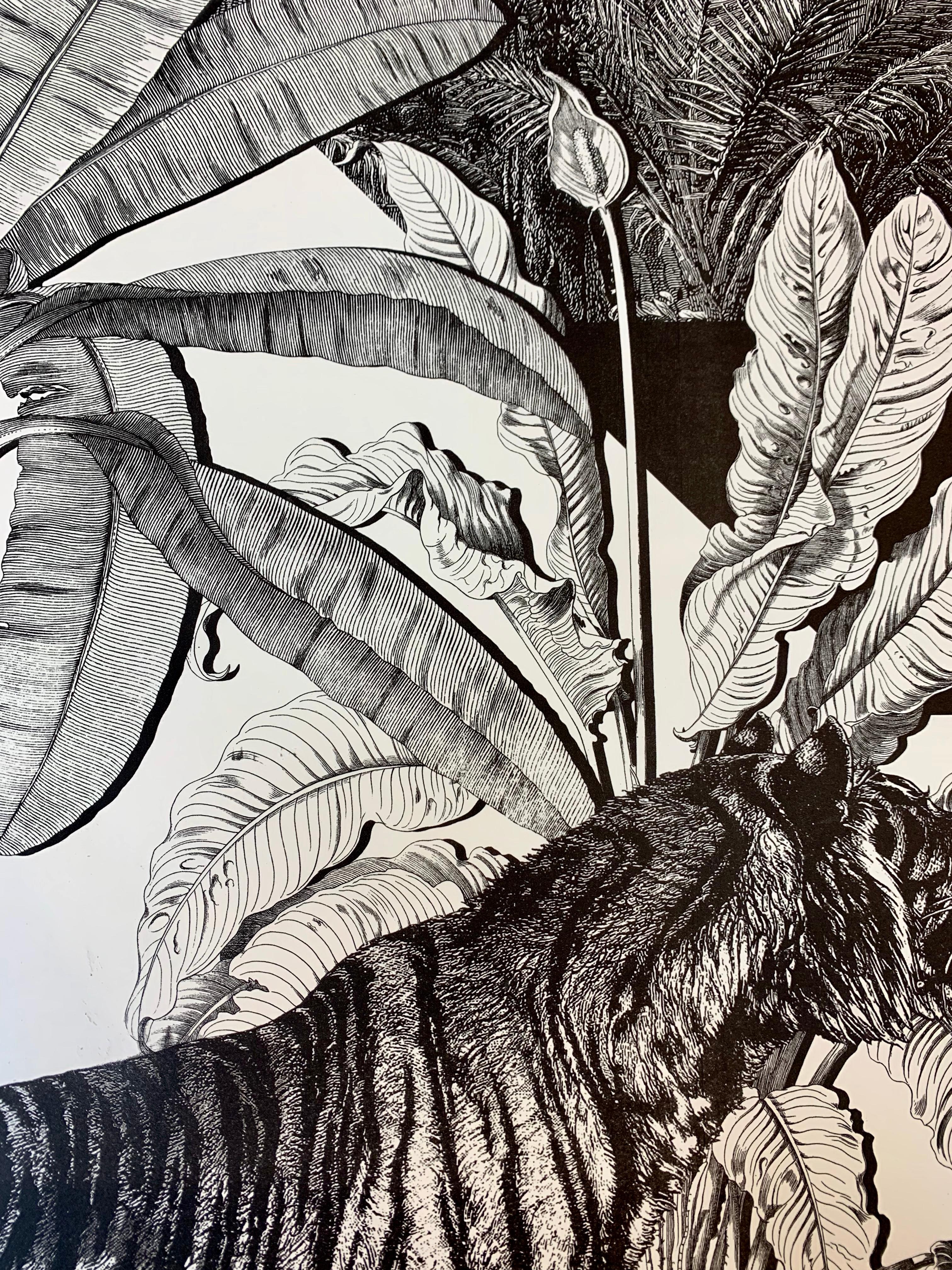 From the limited edition series ''Black & Wild''. Black and white image of tropical fauna and flora handprinted with an antique  press on 100% cotton engraving paper. Panthers rhinos and tropical birds pose against a lush background of