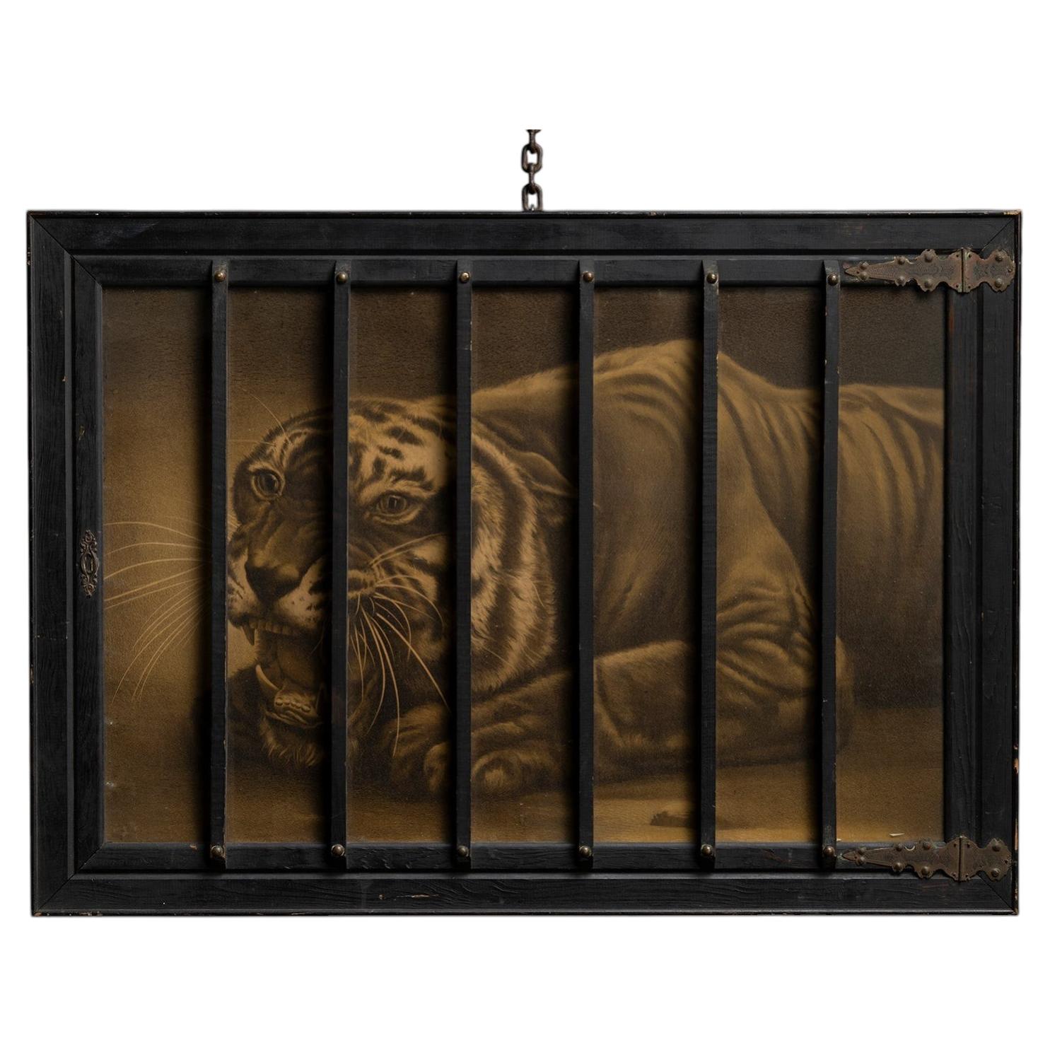 Tiger Lithograph in Cage Frame, America circa 1890 For Sale